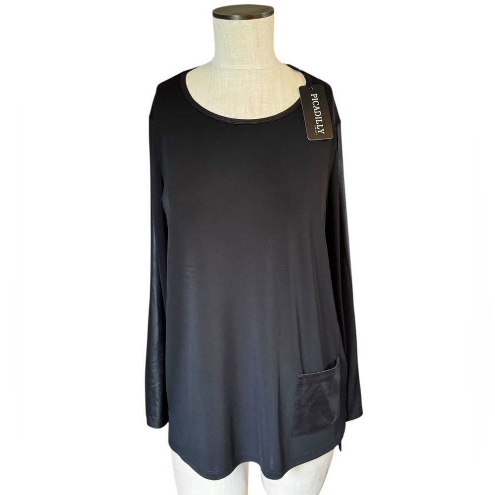 NWT Picadilly Canada Women’s Black Tunic Top Faux Leather Accent Sz M